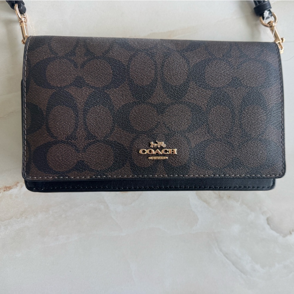 Coach Brown Monogram Wristlet Wallet with Black Trim